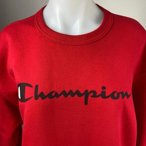 Champion Red Crew Neck Logo Fleece Spell Out Oversized Pullover Sweatshirt Sz L - Picture 3 of 5